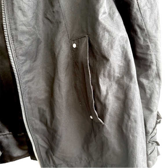 WHBM Ruffle Rain Jacket Belted Rhinestone & Satin Trench Coat Black Pink Size L - Picture 8 of 15